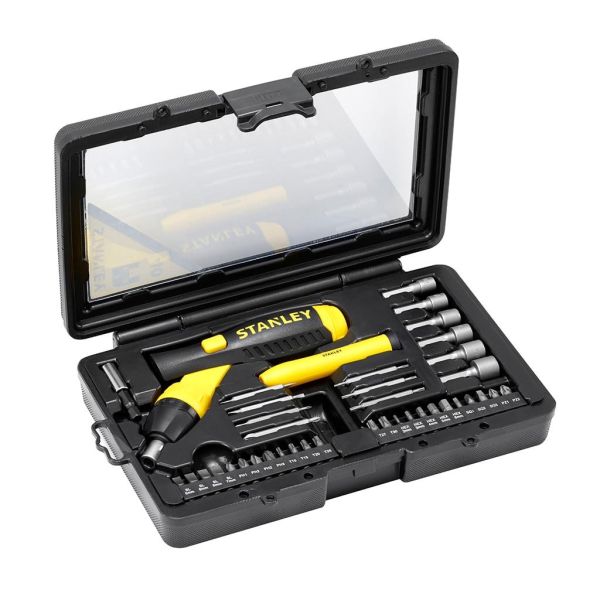 Викрутка Stanley Pistol Grip Ratchet 1/4" бітотримач реверсний, прецизійна викрутка, 38 біт, кейс, набір 40шт