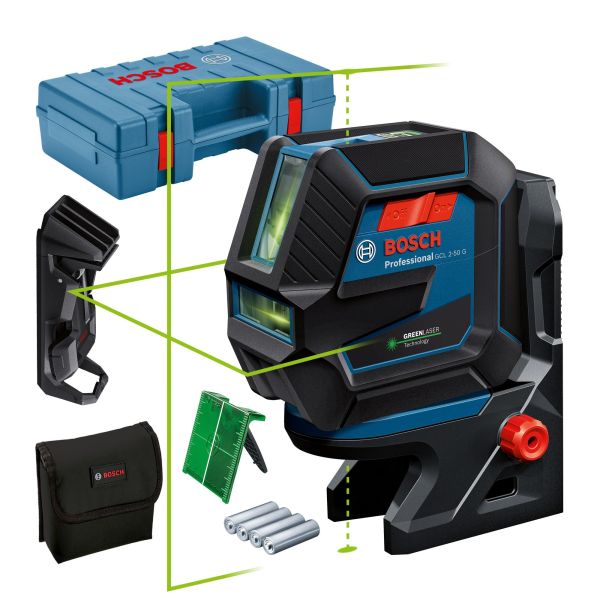 Нівелір лазерний Bosch Professional GCL 2-50 G до 15м ±0.3мм/м зелений промінь в чемодані з тримачем RM 10 затиском DK 10 чохлом мішенню 0.58кг