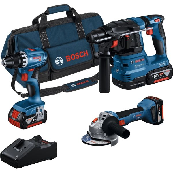 Набір із трьох акумуляторних інструментів Bosch Professional дриль-шурупокрут GSR 18V-45, перфоратор GBH 18V-22, Шліфмашина кутова GWS 18V-8 акб 3x4А·год, ЗП, с