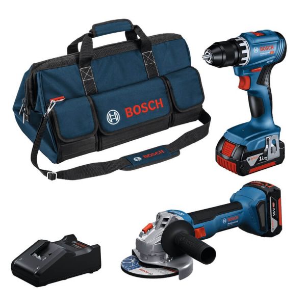 Набір із двох акумуляторних інструментів Bosch Professional 18В дриль-шурупокрут GSR 18V-45, Шліфмашина кутова GWS 18V-8, акб 2x4А·год, ЗП, сумка M-BAG
