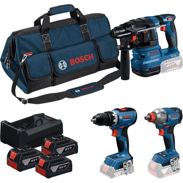 Набір із трьох акумуляторних інструментів Bosch Professional дриль-шурупокрут GSR 18V-65, перфоратор GBH 18V-22, гайковерт ударний GDX 18V-285 акб 3x5А·год, ЗП,