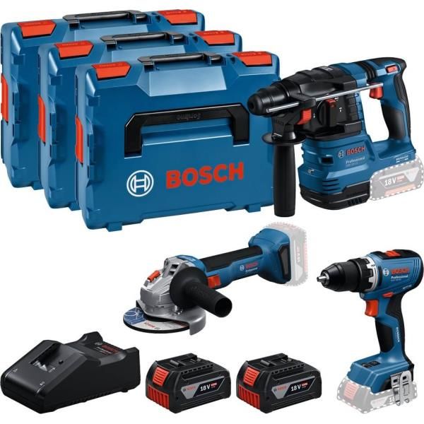 Набір із трьох акумуляторних інструментів Bosch Professional 18В дриль-шурупокрут GSR 18V-65, перфоратор GBH 18V-22, Шліфмашина кутова GWS 18V-8, акб 2x5А·год,