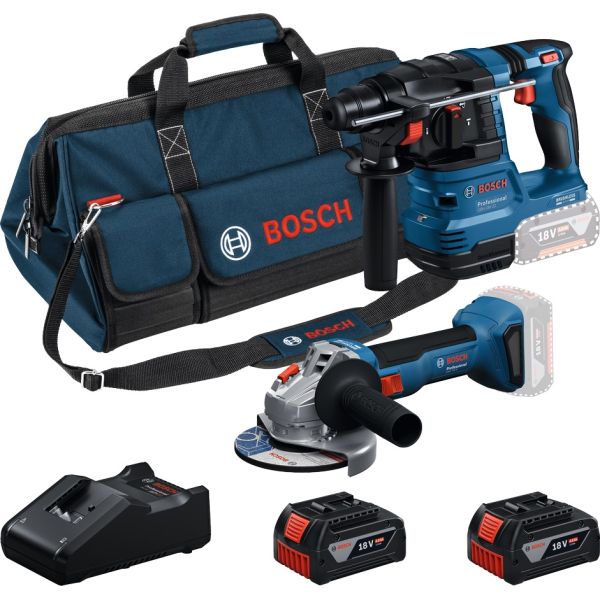 Набір із двох акумуляторних інструментів Bosch Professional 18В перфоратор GBH 18V-22, Шліфмашина кутова GWS 18V-8 акб 2x4А·год, ЗП, сумка M-BAG