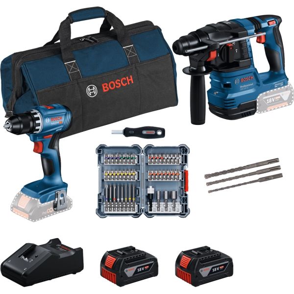 Набір акумуляторних інструментів Bosch Professional 18В дриль-шурупокрут GSR 18V-45, перфоратор GBH 18V-22, набір біт і бурів, акб 2x4А·год, ЗП, сумка