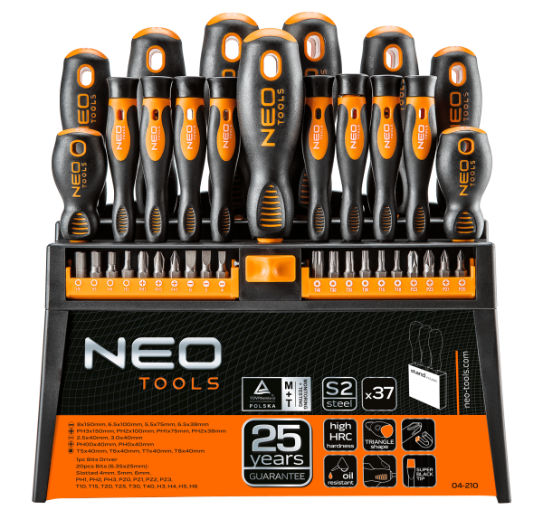 Викрутки Neo Tools, 20 біт, SL,PH,PZ,Torx,H, сталь S2, з підставкою, набір 37шт