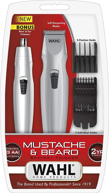 Тример WAHL Mustache & Beard, для бороди і вусів, ААx3, роторний мотор, насадок-4, тример для носа, підставка, сталь, сірий