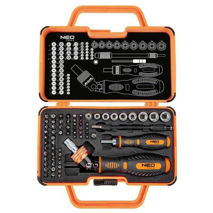 Набір біт з бітотримачем Neo Tools, 1/4", 55 біт, 9 торцевих головок 69шт
