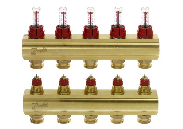 Розподільний колектор Danfoss FHF-F, 5+5 контурів, з ротаметрами, латунь