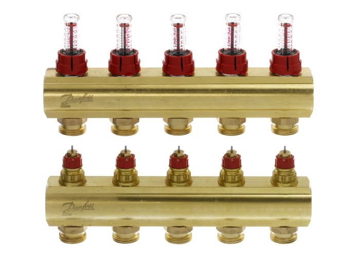 Розподільний колектор Danfoss FHF-F, 5+5 контурів, з ротаметрами, латунь
