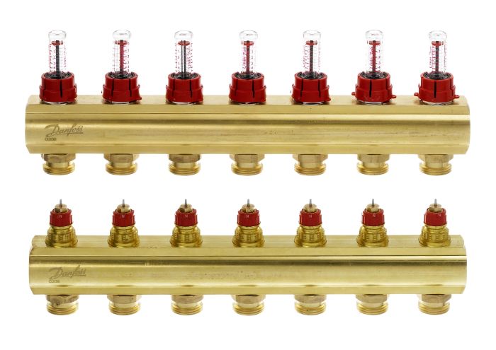 Розподільний колектор Danfoss FHF-F, 7+7 контурів, з ротаметрами, латунь