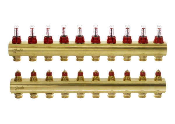 Розподільний колектор Danfoss FHF-F, 10+10 контурів, з ротаметрами, латунь