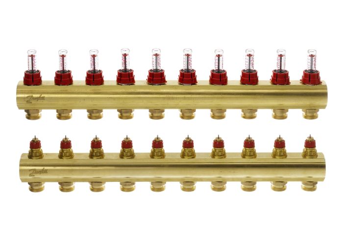 Розподільний колектор Danfoss FHF-F, 10+10 контурів, з ротаметрами, латунь