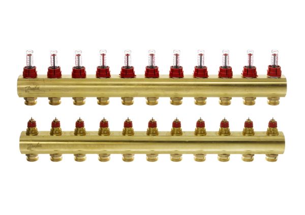 Розподільний колектор Danfoss FHF-F, 11+11 контурів, з ротаметрами, латунь