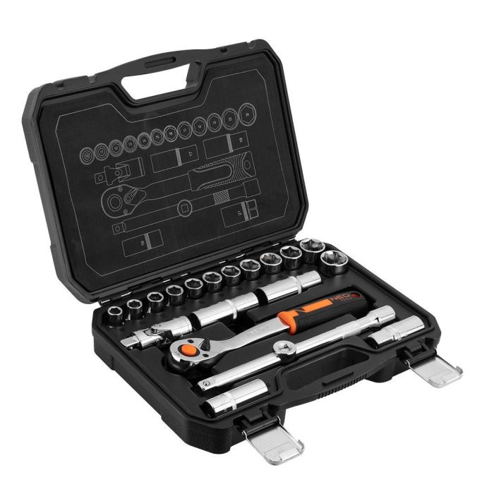 Набір інструментів Neo Tools, набір торцевих головок, 1/2", тріскачка 90 зубців, CrV, кейс, 20шт