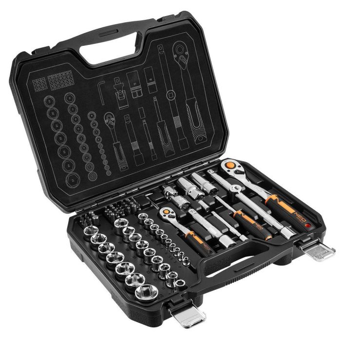 Набір інструментів Neo Tools, Набір торцевих головок, 1/2", 1/4", CrV, кейс, 73шт