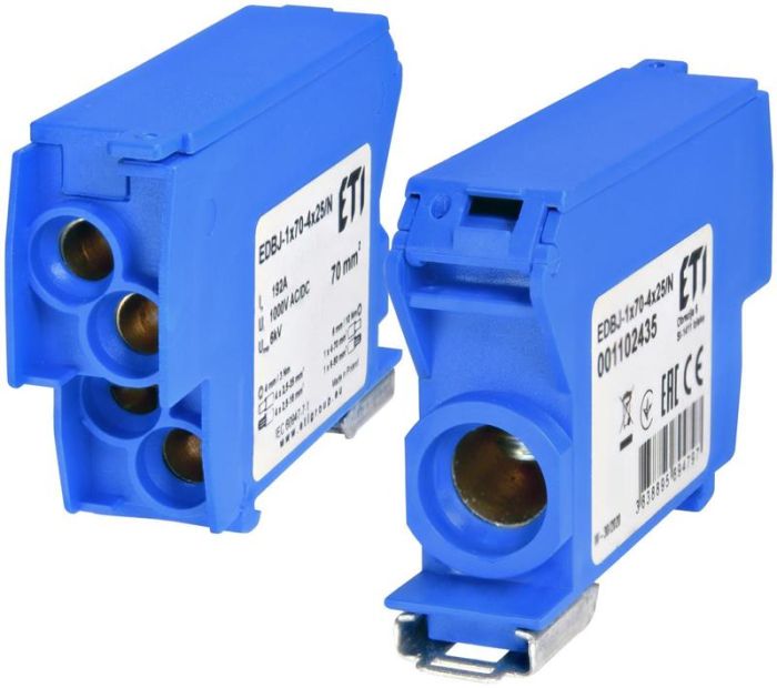 Блок розподільчий ETI,  EDBJ-1x70-4x25/N (192A, 1000V AC/1500V DC, IN: 1x70, OUT: 4x25, синій)