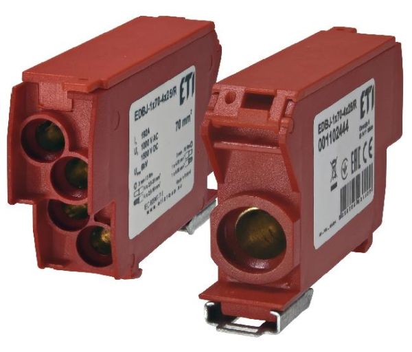 Блок розподільчий EDBJ-1x70-4x25/R (192A, 1000V AC/1500V DC, IN: 1x70, OUT: 4x25, червоний)