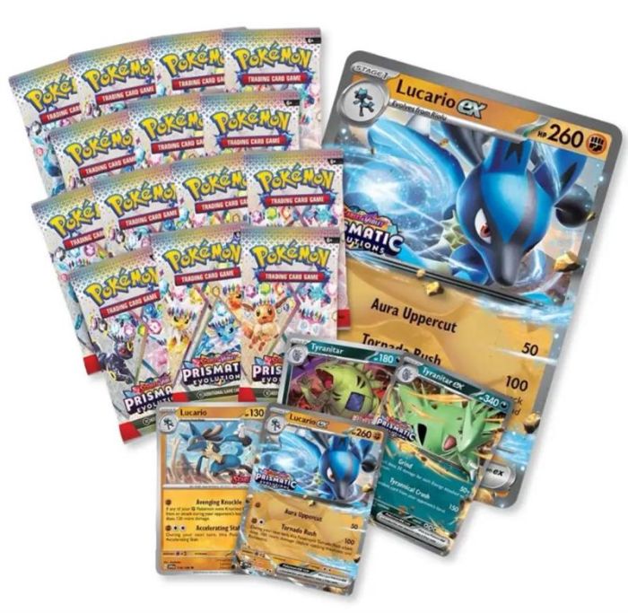 Колекційна карткова гра Pokemon: Scarlet & Violet Prismatic Evolutions. Lucario Ex & Tyranitar Ex Premium Collection Box