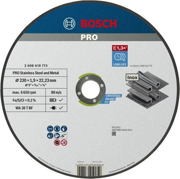 Диск відрізний Bosch Professional для нержавіючої сталі та металу 230x1.9x22.23мм