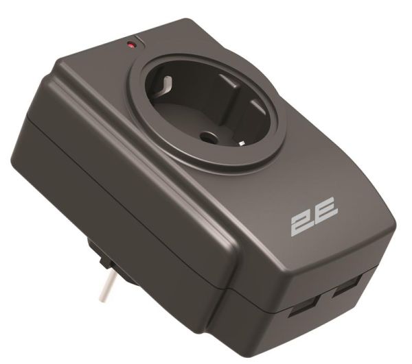 Адаптер мережевий 2E 1xТипF, 16A, 2*USB-A, фільтр, чорний
