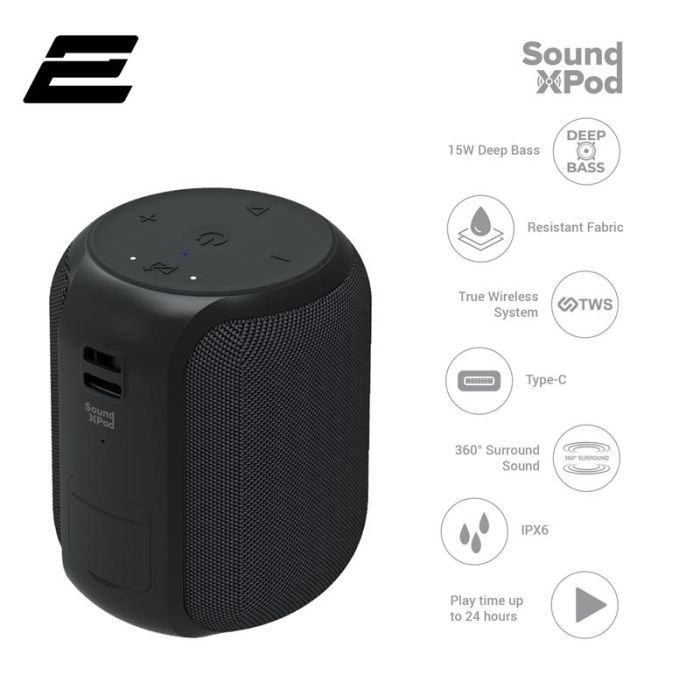 Портативна акустична система 2E SoundXPod 15Вт, BT 5.3, TWS, IPX6, Чорний