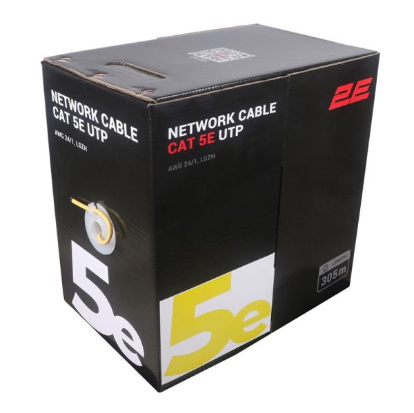 Кабель "вита пара" 2E CAT 5e, U-UTP, 305м, AWG 24/1, LSZH, жовтий