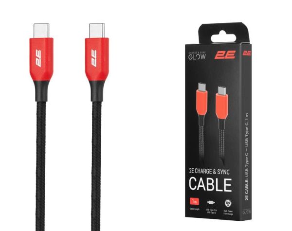 Кабель 2E USB-C > USB-C заряджання/синхронізації 100Вт PD, 1м, чорний