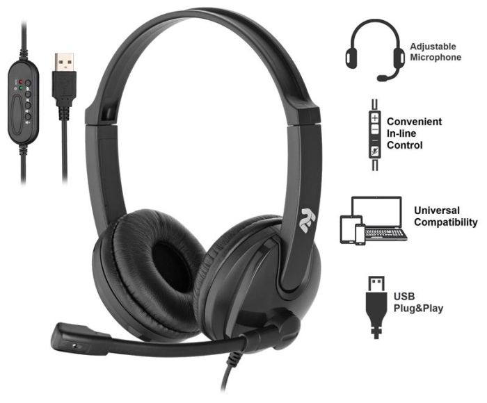 Гарнітура ПК стерео On-ear 2E CH12 USB, omni-mic, 2м, чорний