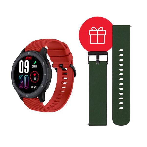 Смарт-годинник 2E Motion GT2 47мм, 1.32", 360x360, BT 5.2, Чорно-червоний + ремінець зелений