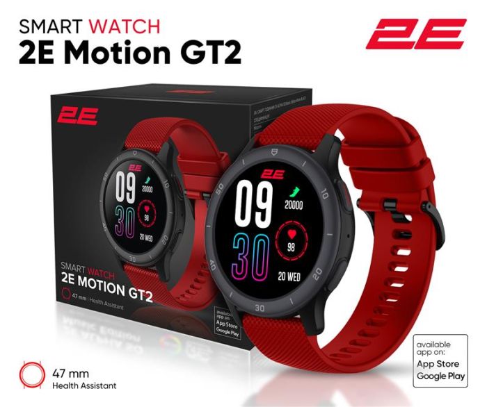 Смарт-годинник 2E Motion GT2 47мм, 1.32", 360x360, BT 5.2, Чорно-червоний