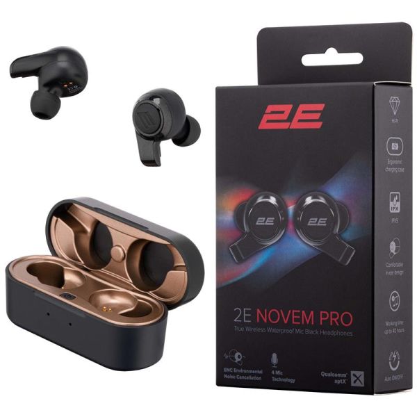 Навушники TWS 2E Novem Pro, BT 5.2, IPX5, SBC, ENC, 4Mic (ремінець-тримач), чорні