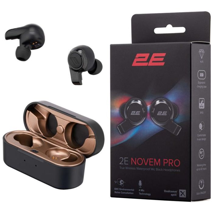 Навушники TWS 2E Novem Pro, BT 5.2, IPX5, SBC, ENC, 4Mic (ремінець-тримач), чорні