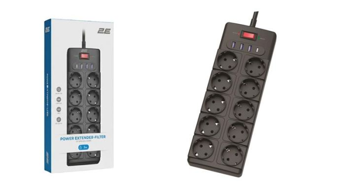 Подовжувач мережевий 2E 3м, 10xТипF, 16A, 3xUSB-A, 1xUSB-C, фільтр, чорний