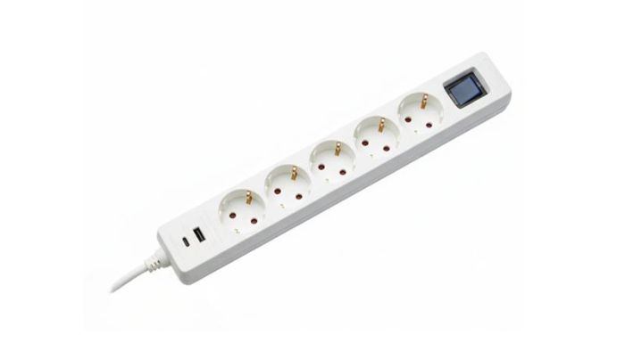 Подовжувач мережевий 2E 3м, 5xТипF, 16A, 1xUSB-A,1xUSB-C, фільтр, білий