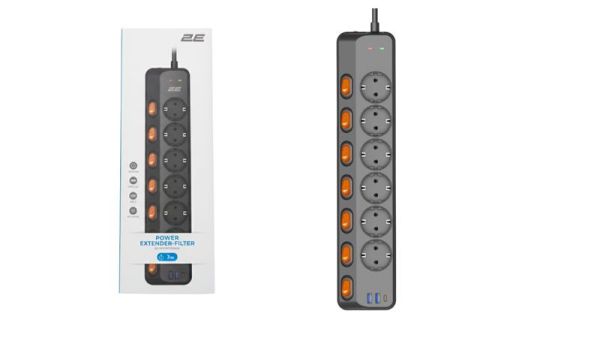 Подовжувач мережевий 2E 3м, 6xТипF, 16A, 2xUSB-A, 1x USB-C фільтр, чорний