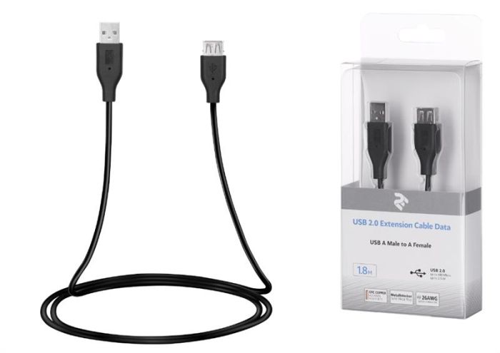 Кабель 2E USB-A > USB-AF заряджання/синхронізації 1.8м, чорний