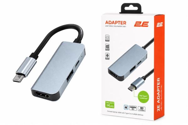 Хаб 2E USB-С > USB-A 3.0/USB-C PD/HDMI, 0.14м, сірий