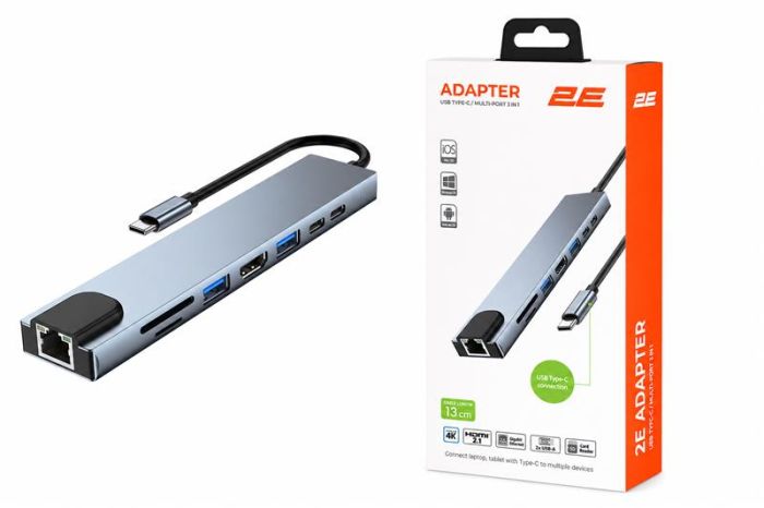 Хаб 2E USB-С > USB-A 2.0/USB-A 3.0/2xUSB-C PD/HDMI/microSD/SD/Ethernet, 0.13м, сірий
