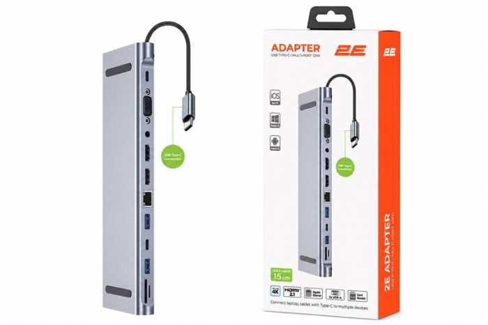 Хаб 2E USB-С > USB-A 2.0/2xUSB-A 3.0/2xUSB-C PD/2xHDMI/VGA/jack3.5/microSD/SD/Ethernet, 0.15м, сірий