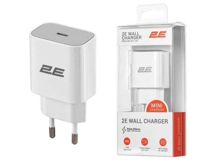Зарядний пристрій мережевий 2E 20Вт USB-C PD, білий