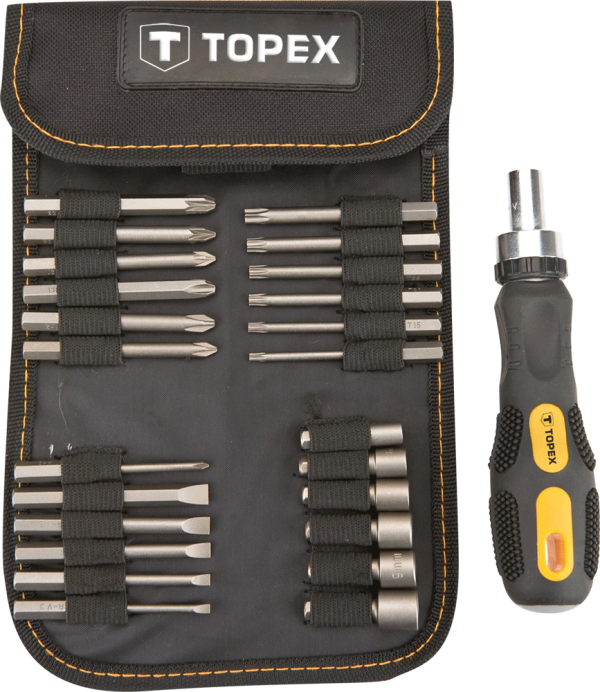 Біти TOPEX, 1/4", бітотримач, торцеві головки 6шт, SL,PH,PZ,T, CrV, набір 26шт