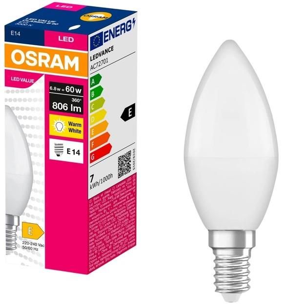 Лампа OSRAM LED E14 6.8Вт 3000К 806Лм В60 VALUE