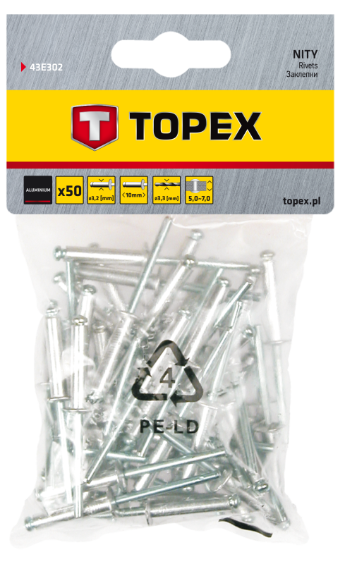 Заклепки TOPEX, алюмінієві, 3.2x10мм, 50шт