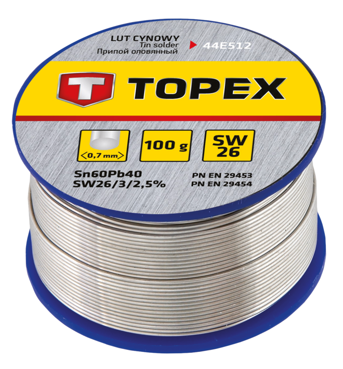 Припій олов'яний TOPEX Sn60Pb40 флюс SW26 дріт 0.7мм 100гр