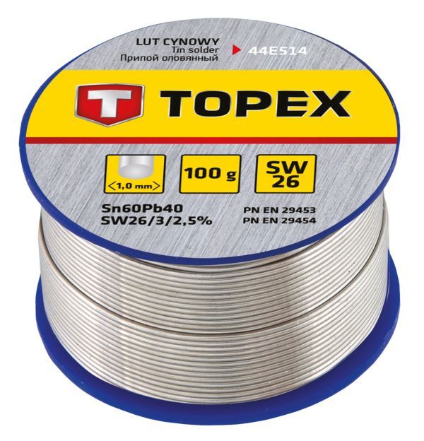 Припій олов'яний TOPEX Sn60Pb40 флюс SW26 дріт 1мм 100гр
