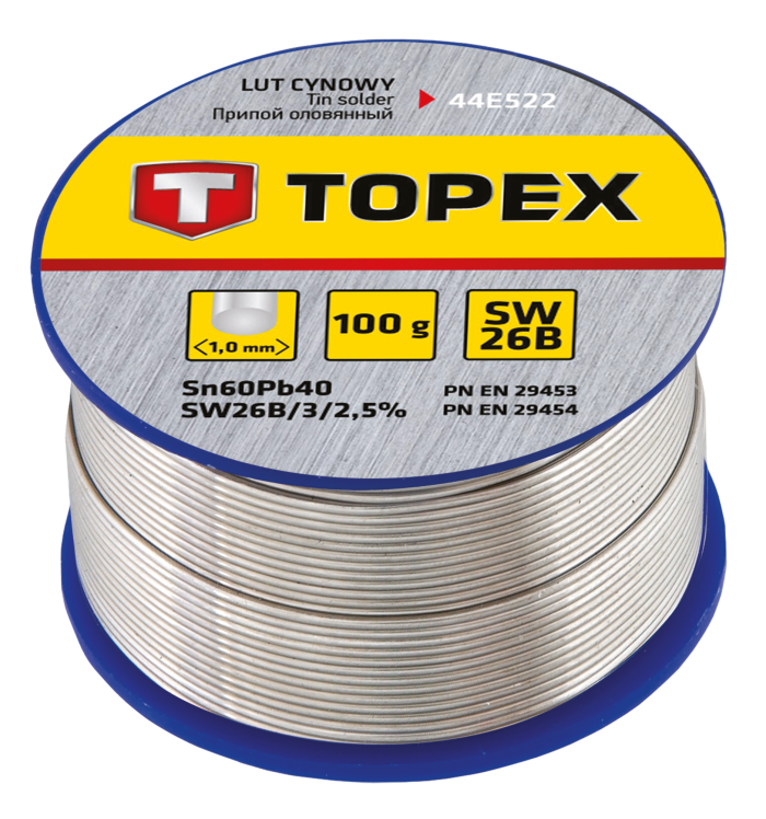 Припій олов’яний TOPEX Sn60Pb40 флюс SW26B дріт 1мм 100гр
