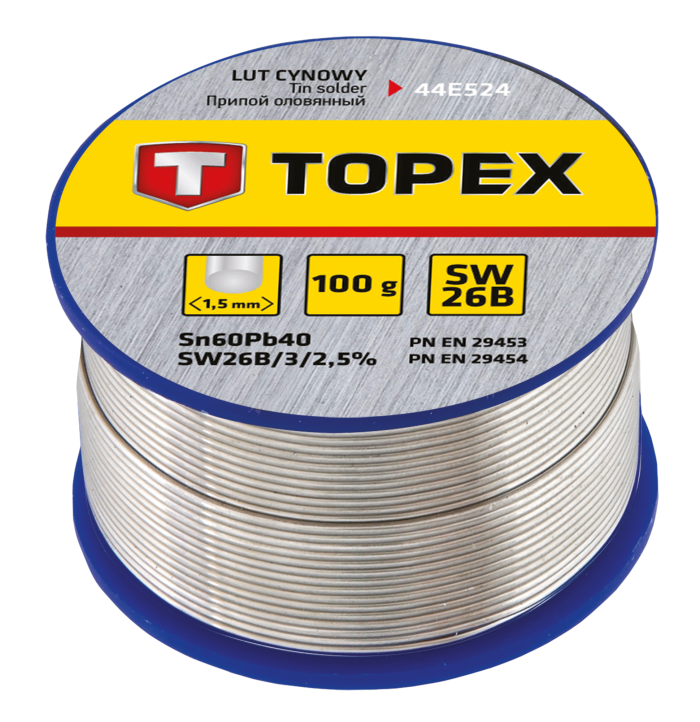 Припій олов'яний TOPEX Sn60Pb40 флюс SW26B дріт 1.5мм 100гр