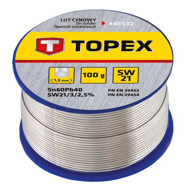 Припій олов'яний TOPEX Sn60Pb40 флюс SW21 дріт 1.5мм 100гр