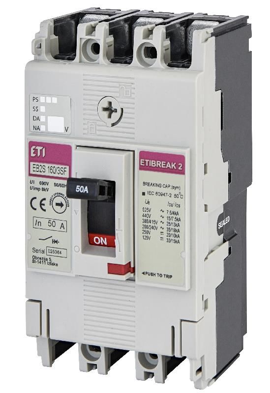 Автоматичний вимикач ETI, EB2S 160/3SF 50A (25kA, фікс./фікс.) 3P