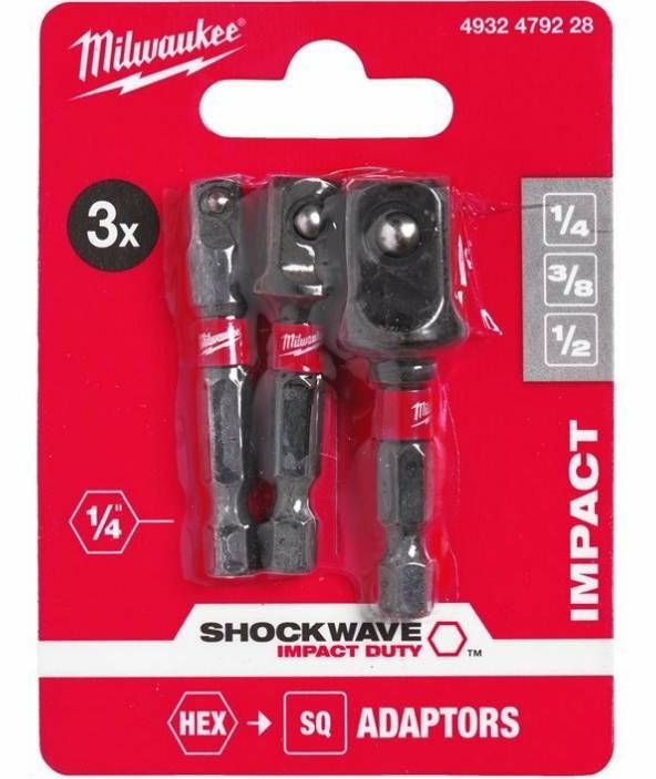 Перехідник Milwaukee, 1/4",3/8",1/2", для торцевих головок, набір 3шт